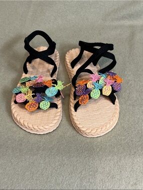 Black Strappy Sandals with Colorful Pineapple Appliqué